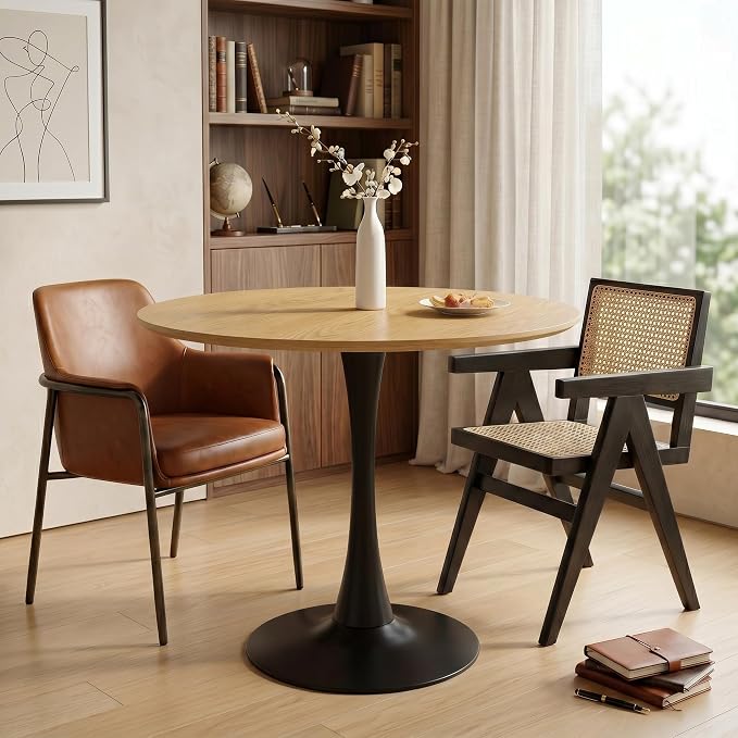31.5" Round Dining Table, Modern Tulip Table with Natural Wood Grain MDF Top & Black Steel Pedestal Base, Mid Century Kitchen Table for Small Spaces, Apartment, Breakfast Nook, Office