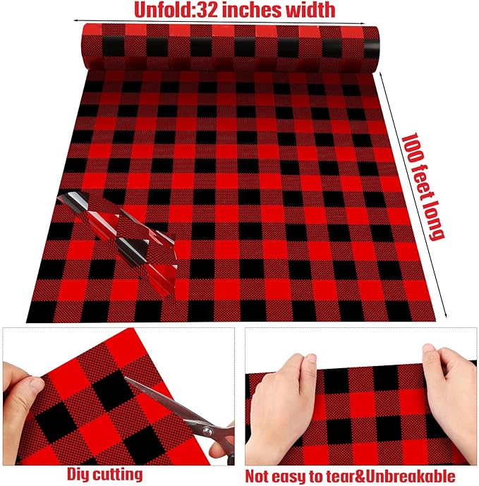 Christmas Cellophane Wrap Roll 100 ft Long 32 Inch Wide 3.1 Mil Thicken Long Film Wrapping Paper Plastic Gift Bags Large Basket Wrap for Xmas Decor Arts Crafts Flower(Black and Red,Plaid)