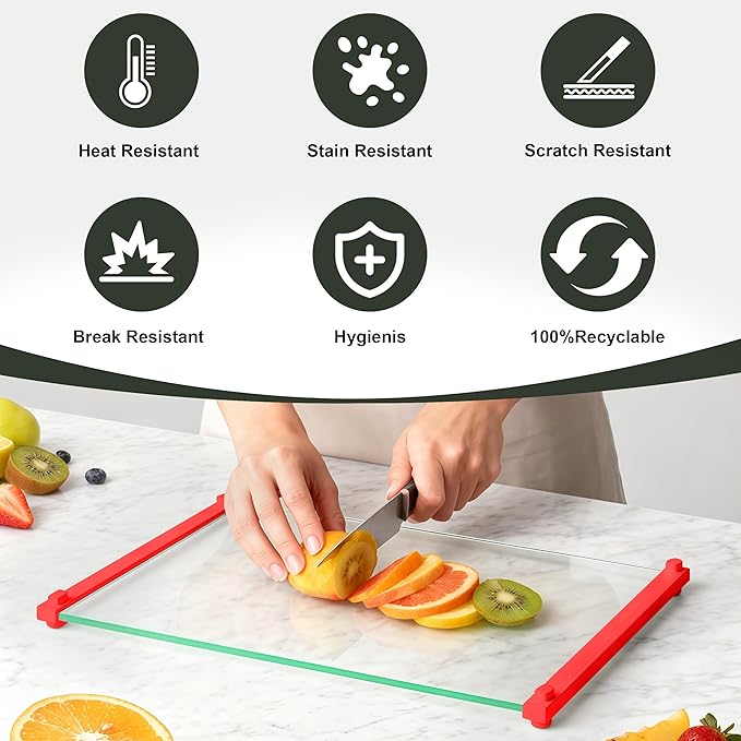 2PCS Glass Cutting Board with Silicone Grip, 80% Stronger Shatter Resistance and Slip Resistance,No Scratches/Microplastic-Free,Dishwasher Safe, Non Toxic Chopping Board for Kitchen (Red)