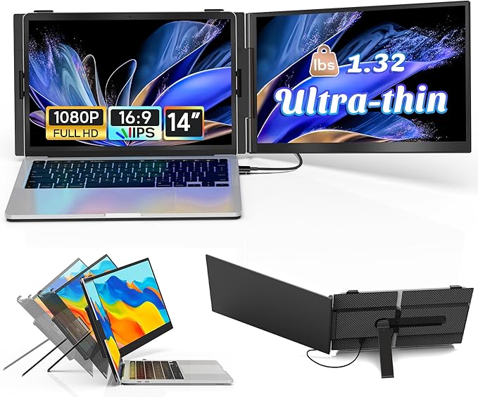 14" Laptop Screen Extender Ultra-Thin, Lightweight Portable Dual Laptop Monitor Extender with Speaker, FHD 1080P Travel Display, Plug & Play, HDMI/USB-A/Type-C for Laptops, Works with Win/Mac/Android