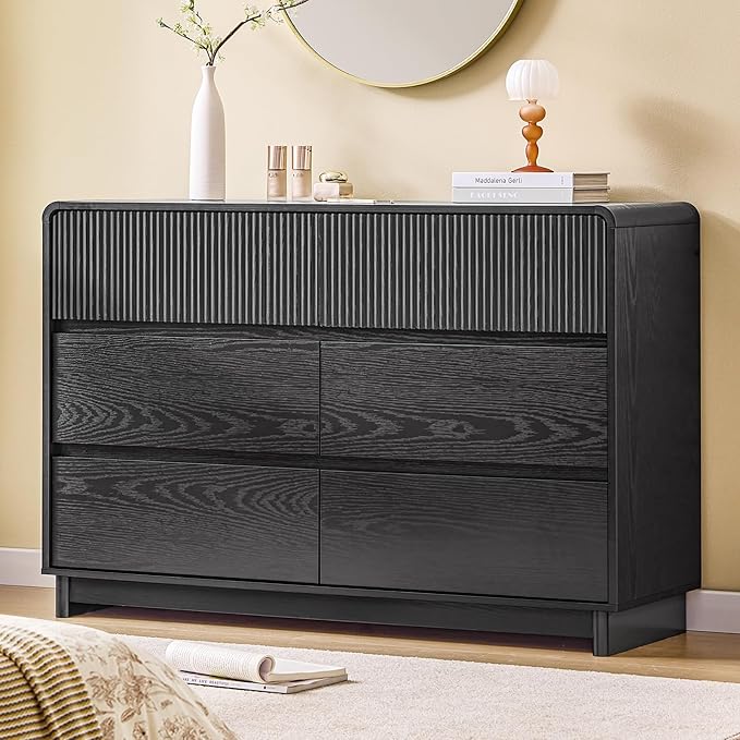 AOGLLATI Modern 6 Drawer Dresser for Bedroom, 47" Wide Fluted Double Black Dressers & Chests of Drawers with Curved Profile Design for Bedroom,Black