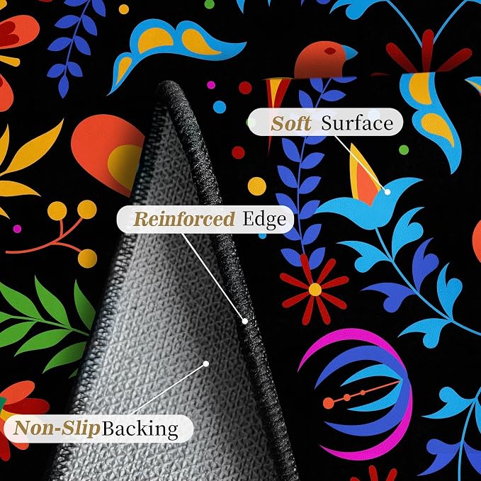 Mexican Floral Runner Rugs for Hallway, Mexican Talavera-Themed Kitchen Runner 2'x'6 Non-Slip Black Rug Carpet for Hallways Kitchen Laundry Bedroom Bathroom Machine Washable