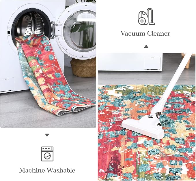 GAOMON 9x12 Washable Boho Chic Abstract Watercolor Design Area Rug Low Pile Thin Living Room Rug Non Slip Soft Bedroom Rug Abstract Accent Carpet for Dining Room Nursery, Pink/Multi