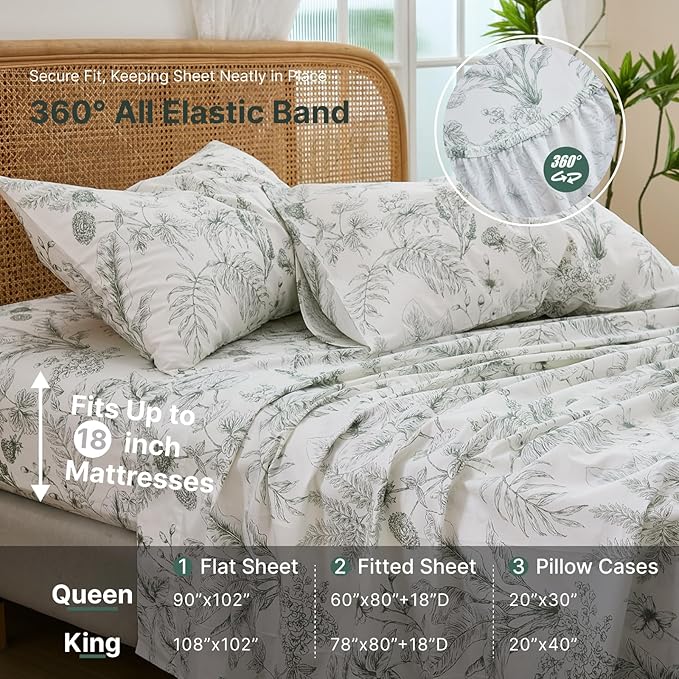 100% Cotton Sheet Set Queen Size – 4-Piece Chic Garden Floral Bedding Set, Soft Breathable Percale Weave, Deep Pocket Fitted Sheet 17.5", Crisp Cool Feel, Refined Botanical Elegance