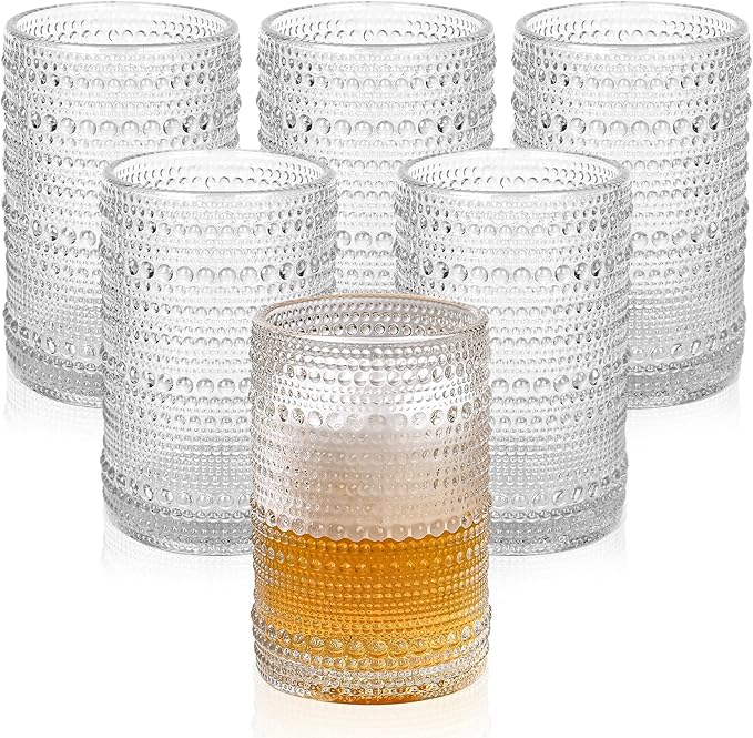 ZMOWIPDL Vintage Glassware Drinking Glasses Set of 6,15 oz Hobnail Glass Cups,Embossed Clear Water Tumbler,for Beer,Cocktail,Whiskey,Juice and Various Mixed Drinks- 1 Cleaning Brush