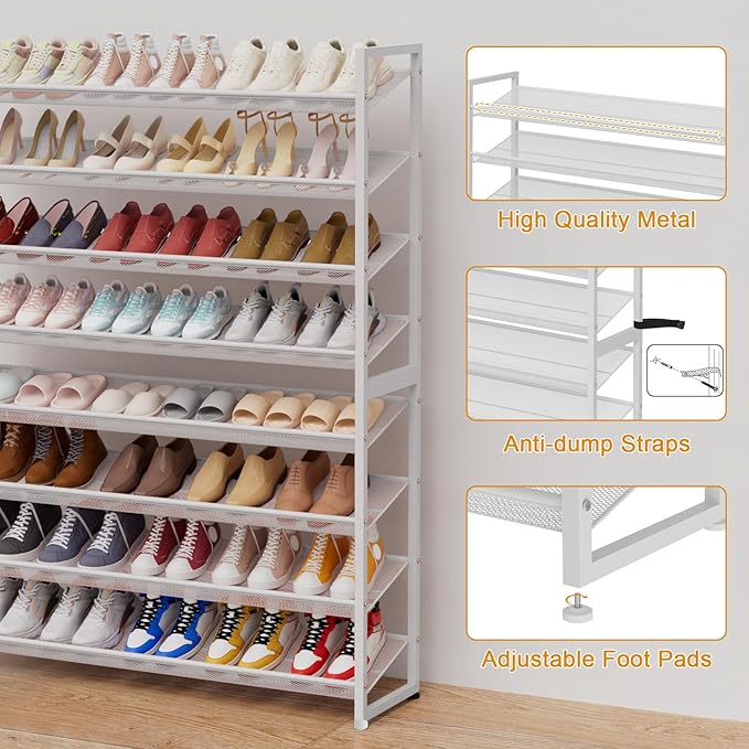 NEYCIL Large Shoe Rack 8 Tier Shoe Organizer, Heavy Duty Metal 4-Tier Stackable Shoe Storage Vertical Shoe Rack for Closet Front Door Entrance, Up to 50 Pairs, 44.8" W x 11.4" D x 56.7" H, White