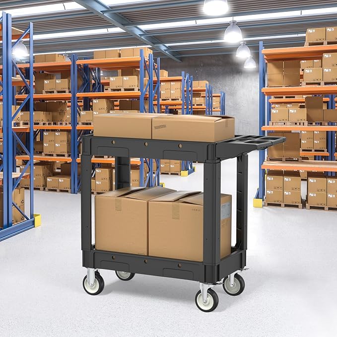 Utility Cart on Wheels, 2 Shelf Heavy Duty Plastic Rolling Cart, 550 lbs Capacity Carts with Wheels for Warehouse, Garage, School, Kitchens, Office (Black, 40.6)