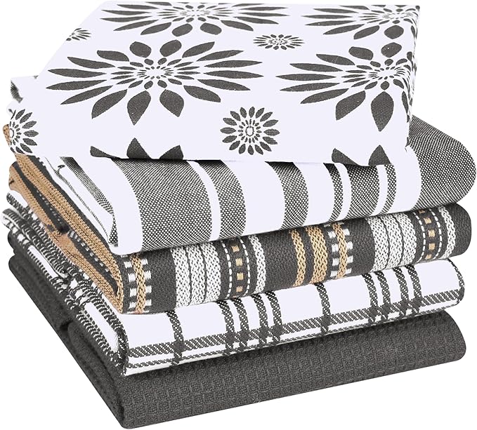 Assorted Kitchen Towels Large 16x26 inches 100% Cotton Set of 5 - Soft Absorbent Tea Towel for Kitchen - Quick Drying Dish Towels - Dish Cloths with Hanging Loop - Grey