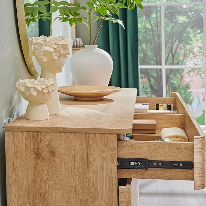 JXQTLINGMU 8 Drawer Dresser for Bedroom, Modern Push-to-Open Chest of Drawers, Large Wood Storage w/Curved Profile & Handleless Design, 52" Wide Dresser TV Stand for Bedroom, Living Room, Natural Oak