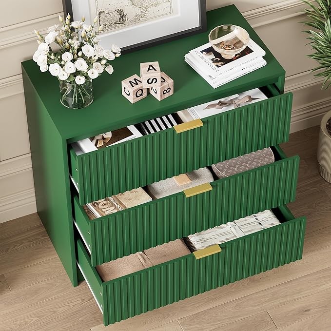 Green Dresser for Bedroom, Modern Dresser with 3 Drawers and Smooth Slides, Wide Chest of Drawers with Golden Handles for Bedroom, Living Room, Closet, 15.7" D x 31.5" W x 29.6" H
