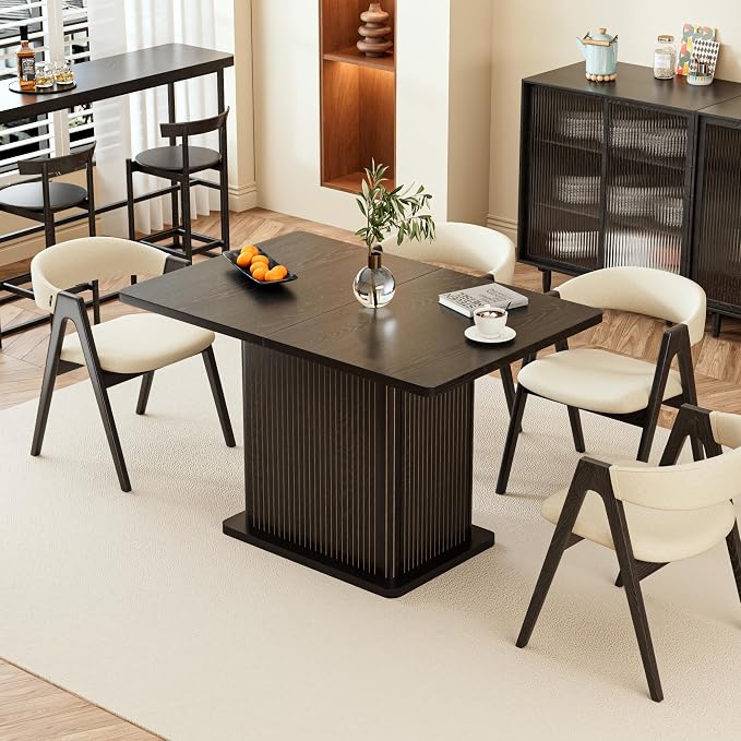 Extendable Black Kitchen Dining Table for 4-6, 47-65 Inch Rectangle Dining Room Table with 2 Doors, Large Storage, Wood Fluted Mid Century Modern Furniture for Dinner, Living Room, Space Saving