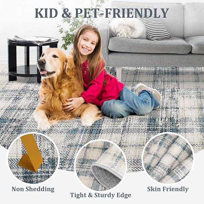 Washable Rugs Runner Rug 2x6 Modern Plaid Area Rug Soft Carpet 2'x6' Green/Beige