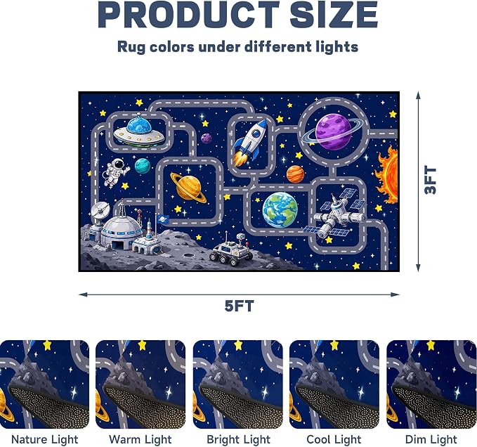 Outer Space Rug Astronaut Road Map Area Rug for Entryway Bedroom Living Room Nursery Kitchen Playroom Home Decor Washable Educational Floor Mat Galaxy Themed Carpet,3'x5'
