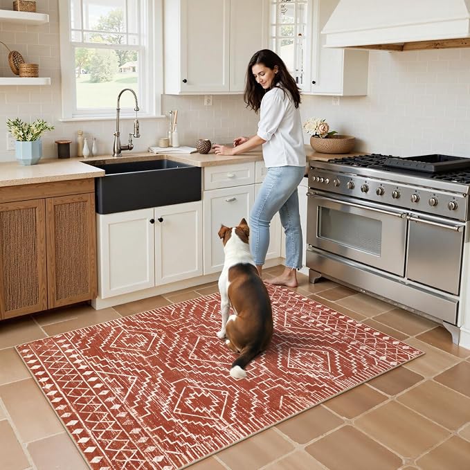 Wonnitar Moroccan Washable Area Rug, 3x5 Non-Slip Rugs for Living Room, Geometric Tribal Kitchen Entry Throw Mat, Soft Low Pile Non-Shedding Carpet for Bedroom Apartment Dorm (Brown,3'x5')