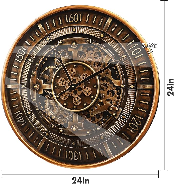 24 Inch Large Real Moving Gears Wall Clock,Vintage Industrial Steampunk Metal Wall Decor with Convex Glass, Silent Non-Ticking Oversized Clock for Living Room, Office(24 Inch Antique Brass Gold)