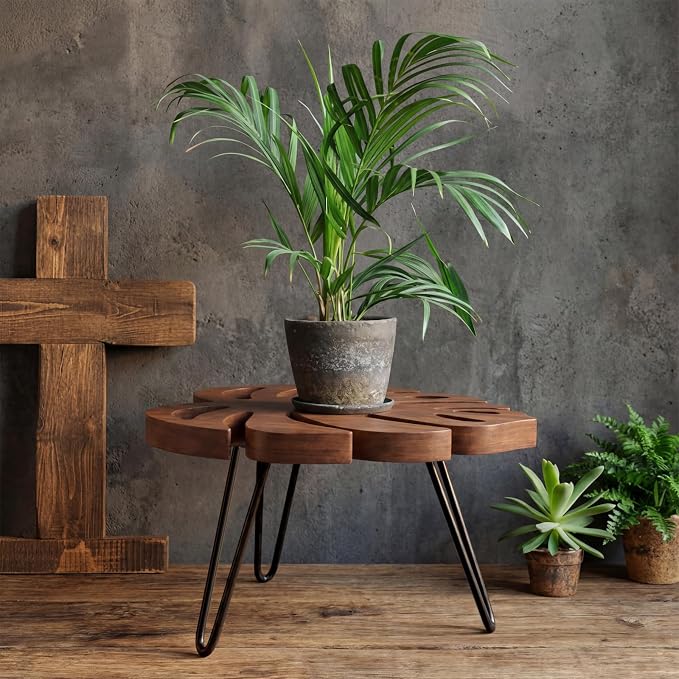 Novabright Monstera Leaf Short Plant Stand Small Wooden Plant Stool Stand Risers Pedestal Display Decorative for Flower Indoor Outdoor Rustic Farmhouse Table Balcony Home Office Bedroom Decor
