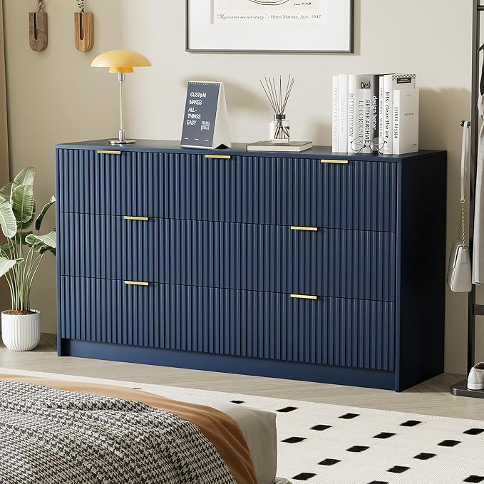 Navy Blue Dresser for Bedroom, Modern Dresser with 7 Drawers and Smooth Slides, Wide Chest of Drawers with Golden Handles for Bedroom, Living Room, Closet, 15.7" D x 55.1" W x 31.4" H