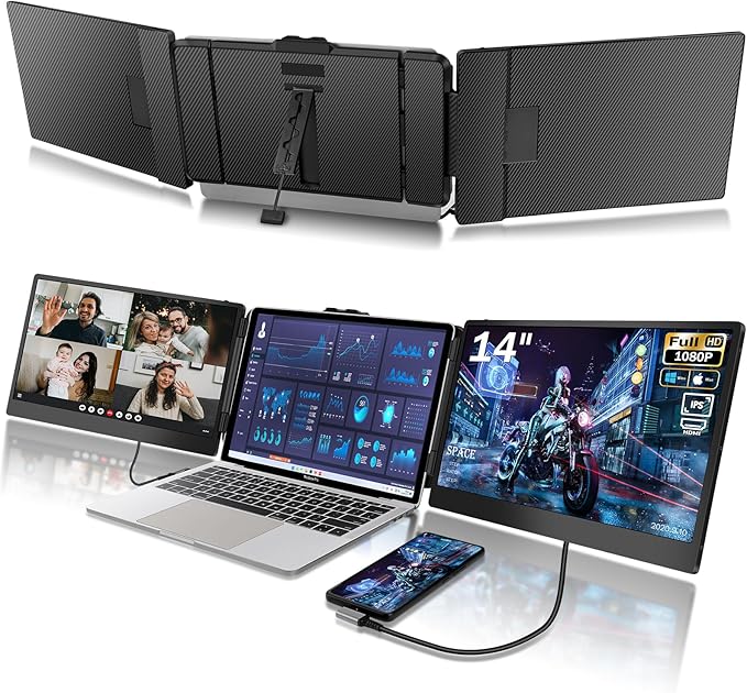 CopGain Laptop Screen Extender - 14 Inch 1080p FHD IPS Triple Portable Monitor for 13-17.3 Inch Laptops - Plug and Play Type-C/HDMI for Windows, Mac