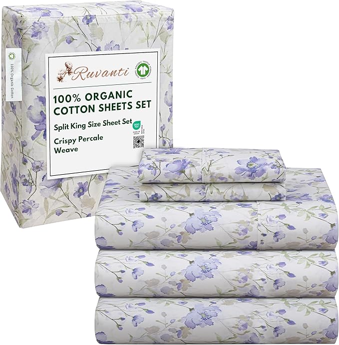 RUVANTI 100% Organic Cotton Sheets Split King, Percale Weave, GOTS Certified, 5-Piece Set, Deep Pocket 15", Crisp & Breathable, Soft Durable Bedding, Sábanas Algodón Orgánico – Heather