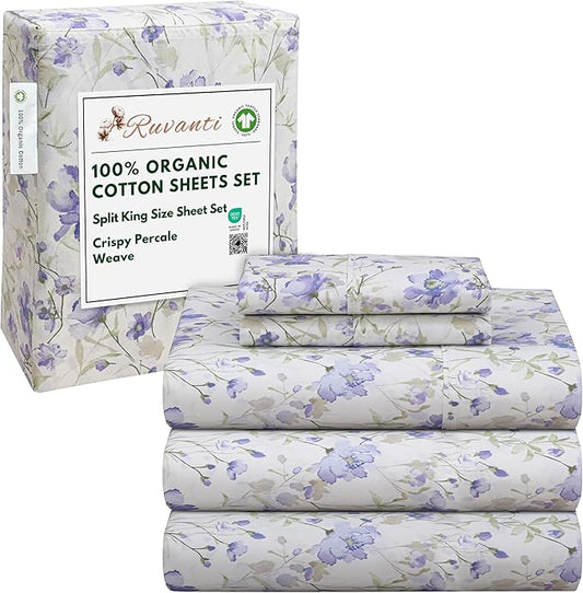 RUVANTI 100% Organic Cotton Sheets Split King, Percale Weave, GOTS Certified, 5-Piece Set, Deep Pocket 15", Crisp & Breathable, Soft Durable Bedding, Sábanas Algodón Orgánico – Heather