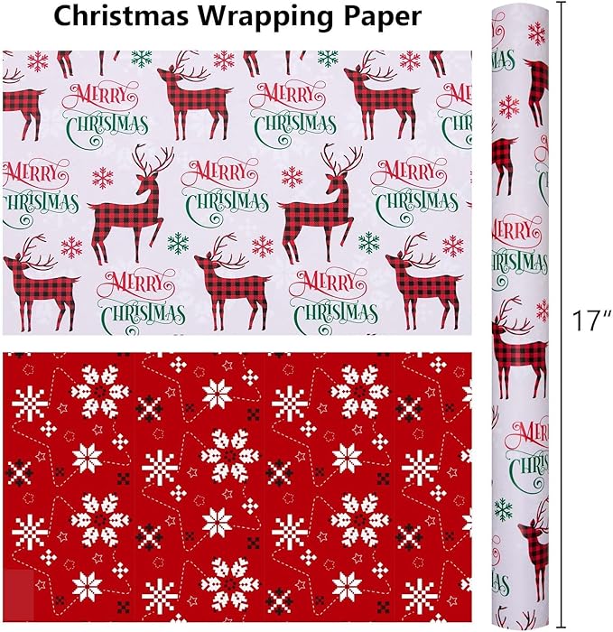 MAYPLUSS Christmas Wrapping Paper Roll - 17IN X 33FT - Gift Wrapping Paper Featuring Merry Christmas Reindeer Reversible Snowflake for Kids, Holiday, New Year