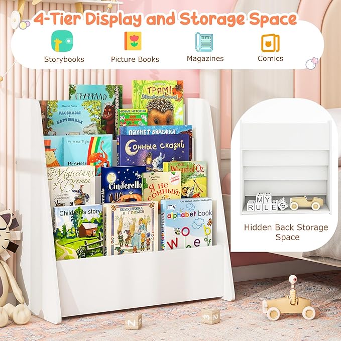 Costzon 4-Tier Kids Bookshelf, Front Facing Children Bookcase with Deep Compartments, Magazine Storage Rack for Kids Bedroom, Playroom, Nursery, Classroom, Kindergarten (White)