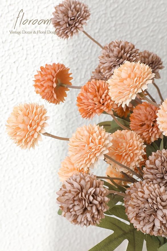 Floroom 9pcs Burnt Orange Taupe Mix Faux Silk Mums Artificial Flowers, Bulk Fake Small Mini Chrysanthemums with Stems for DIY Wedding Centerpieces Floral Arrangements Vase Fillers Home Decorations