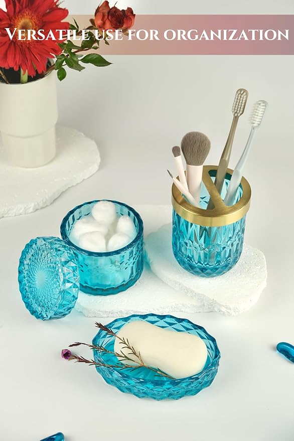 LaMarriti Teal Blue Bathroom Accessories Set, 5Pcs Clear Glass Bathroom Set, Hand Soap Dispenser Set, Soap Dish, Toothbrush Holder, Tumbler, Q-Tips Holder for Crystal Vantage Bathroom Decor