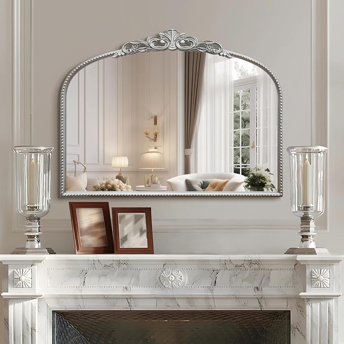 Micasso Vintage Wall Silver Mirror: 32"x24" French Baroque Antique Mirror - Traditional Ornate Decorative Arched for Wall/Bathroom/Entryway/Fireplace/Hallway - Home Decor for Living Room