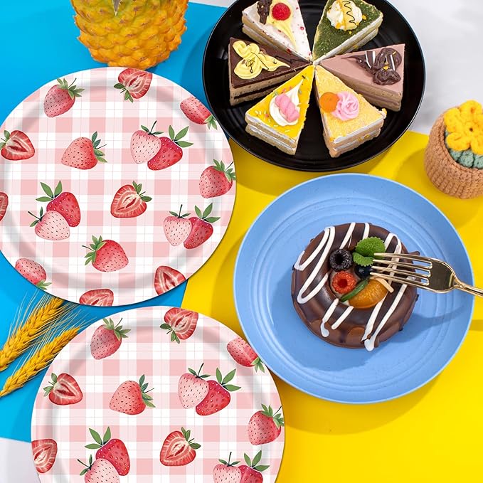 40 Pcs Strawberry Plates and Napkins Party Supplies, Pink Gingham Disposable Paper Plates and Napkins Tableware Set for Strawberry Shortcake Baby Shower Birthday Party Decorations