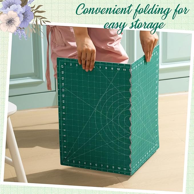 18" x 24" Self Healing Folding Cutting Mat with Grid for Quilting, Sewing, Craft Hobby Board Sewing Cutting Mat for Quilting, Leather, Fabric, Crafting, Scrapbooking, Art, Clay, Green