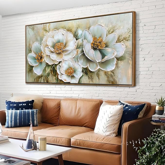 Arjun Framed Canvas Wall Art for Bedroom, Large Wood Frame Vintage Flower Painting Living Room Textured Artwork Gold Picture Bloosom Dining Room Kitchen Home Office Wall Decor, 40"x20"