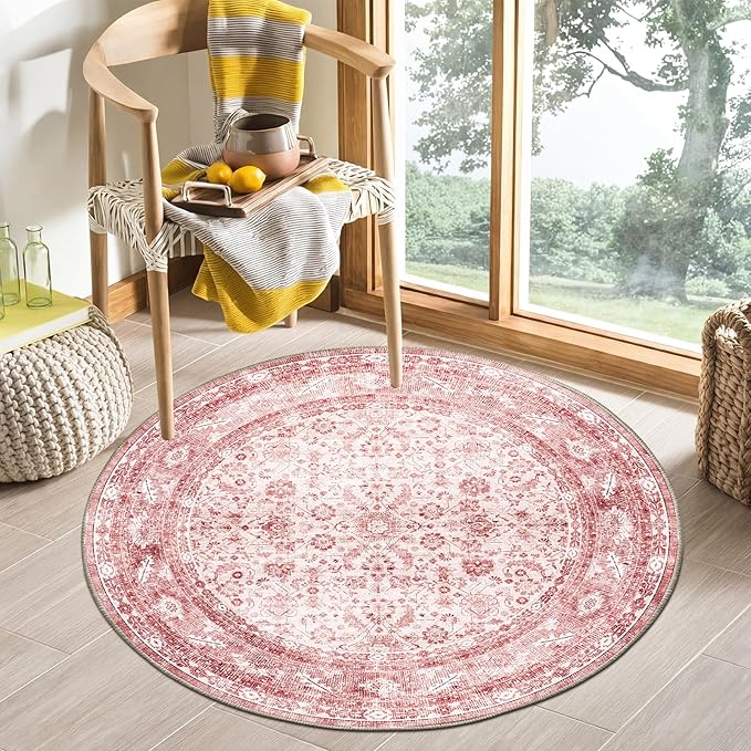 OPPODREAM Vintage Pink Round Rug 3ft, 3 ft Retro Washable Circle Rug Non Slip, Low-Pile Faux Wool Circular Carpet, Distressed Floor Mat for Living Room, Bedroom, Office, Dorm, Dinning Room