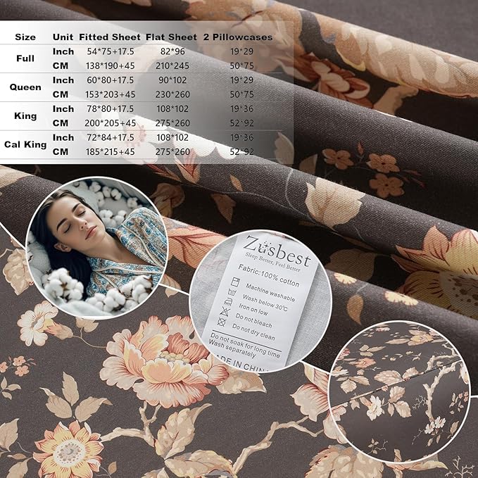 Zusbest Dark Brown Floral Bed Sheets Set - Full Size Percale Cotton Shabby Rustic Peony Flower Print Bed Sheets - Soft Breathable Mocha Classic Vintage Bedding 4 Pcs Deep Pocket Flower Bed Sheets
