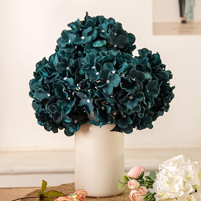 DuHouse Silk Hydrangea Artificial Flower Heads with Stems Fake Hydrangeas Flowers for DIY Wedding Centerpiece Home Decor,Pack of 6(Peacock Blue)
