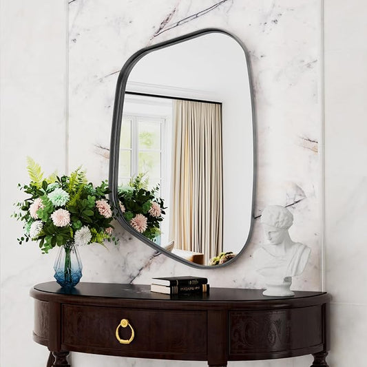 Irregular Wall Mirror 24"x36" Bathroom Mirrors Asymmetrical Artistic Decorative for Living Room Bedroom Bathroom Hallway Entryway,Trapezoid,Black