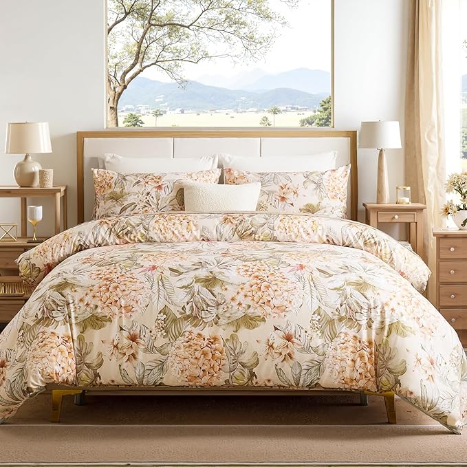 100% Cotton Duvet Cover Queen Size – Hydrangea Lily Floral Duvet Cover Set with Zipper Closure & Corner Ties, 3-Piece Silky Soft & Breathable Apricot Bedding Set for All Seasons