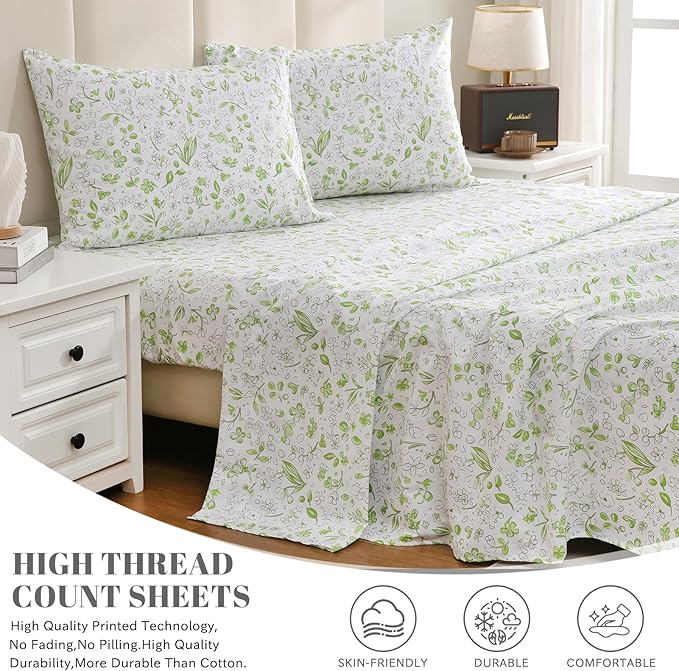 Bedlifes King Size Extra Deep Pocket Sheet Sets - Fits Mattresses Up to 18-24" Thick, 4-Piece Microfiber Set with 1800 Thread Count, Soft, Smooth, Breathable, Featuring Cute Printed Green Floral