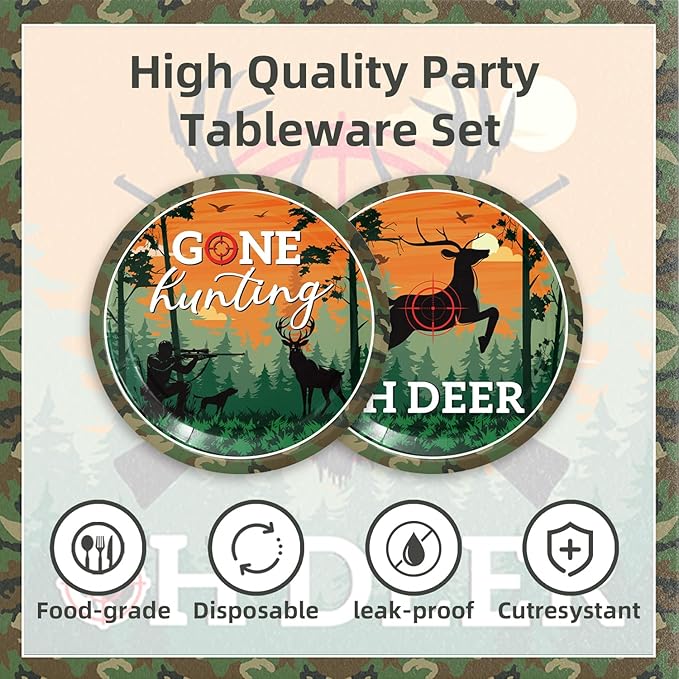 48Pcs Hunting Birthday Party Decorations Tableware Set Include Plates Napkins Forks Hunting Decor for 16 Guests