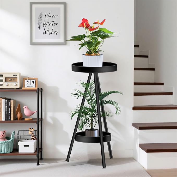 2 Tier Tall Plant Stand Indoor Outdoor, 31.5" Metal Modern Flower Corner Holder, Black Iron Plant Shelf Rack, Heavy Duty for Small Spaces, Bedroom & Balcony