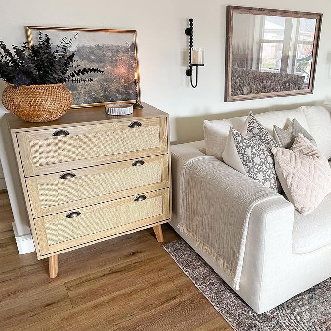PHI VILLA Rattan Nightstand Set of 2 - Dresser with Drawer Boho Small Cabinet, 3 Drawer Dresser, Rattan Cabinet