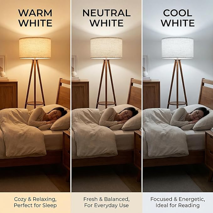 Modern Floor Lamp with White Drum Shade, Wood and Metal Construction, Adjustable Height, for Living Room, Bedroom, Office