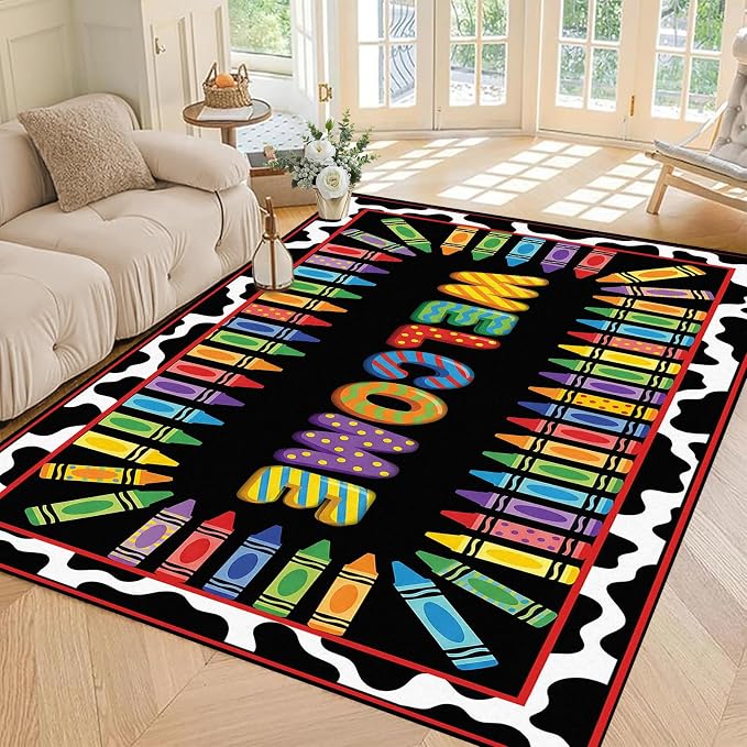 Welcome Crayon Area Rug 5'x7' Colorful Alphabet Rugs for Bedroom Living Room Nursery Playroom Classroom Home Decor Non-Slip Washable Carpet Kids Floor Mat