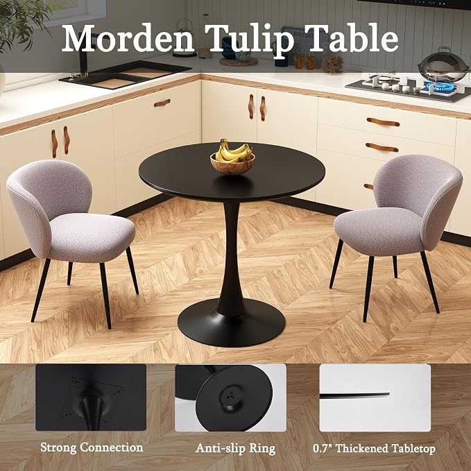 Round Dining Table, 27.6" Tulip Kitchen Round Dining Table for 1-2 People with Metal Pedestal Base and MDF Tables Top, Mid-Century Tables for Home, Dining Room, Cafe, Black