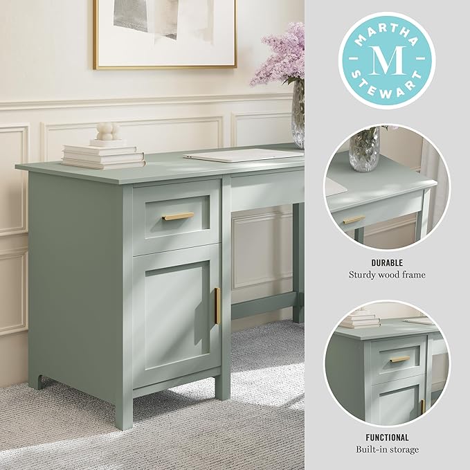 Martha Stewart Hutton Shaker Style Home Office Desk with Storage in Sage with Polished Brass Hardware