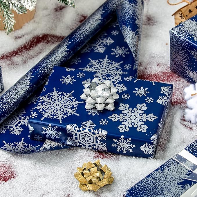 MAYPLUSS Blue Christmas Wrapping Paper Roll, Tree Wrapping Paper, Luxury Navy Blue Shiny Christmas Tree and Snowflakes Gift Wrap for Holiday Gift Packaging, Festive Decoration (17 Inch X 16.5 Feet)