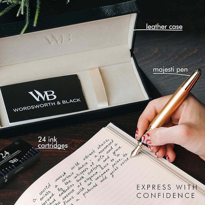 Wordsworth & Black Majesti Fountain Pen-(Gold), Luxury Case, 24K Gold Finish; 18K Gilded Medium Nib- Ink Cartridges, Refillable Ink Converter-Calligraphy Pen-Best Business Gift Set for Men & Women
