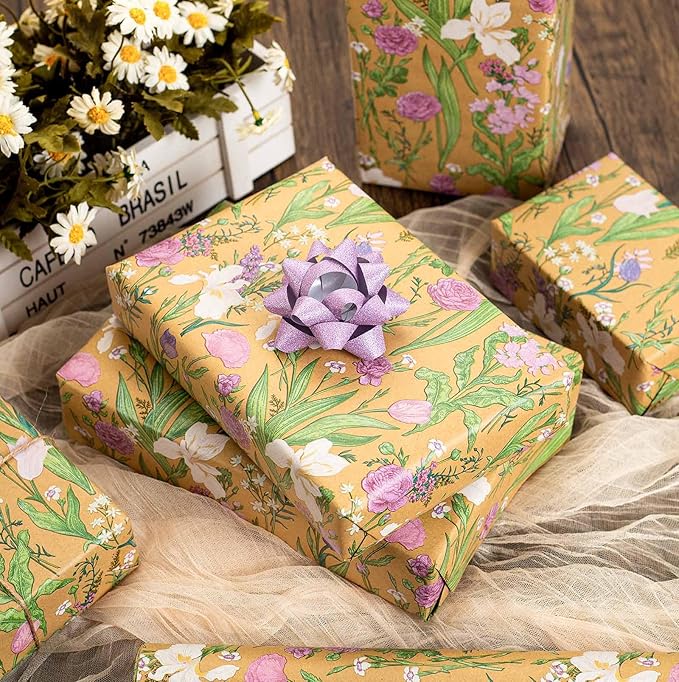 MAYPLUSS Kraft Floral Wrapping Paper Roll - 17Inch x 16.5Feet - Colorful Watercolor Boho Forest and Garden Flower Gift Wrap Green Wedding Gift Wrap for Birthday, Mothers Day, Bridal Shower, Engagement