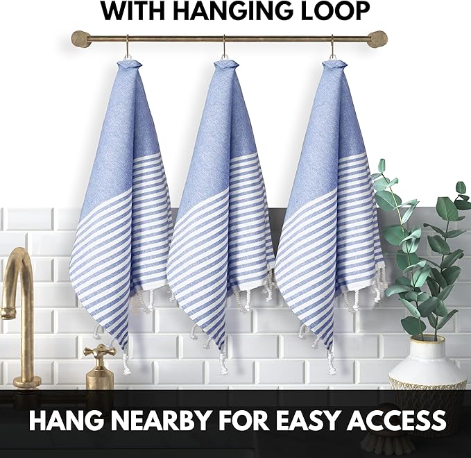 Turkish Kitchen Towels 18x26 Inches with Tassels - 4 Pack - Absorbent, Durable, Soft 100% Cotton Dish Towels for Drying & Cleaning - Machine Washable, Quick Dry - Indigo Blue