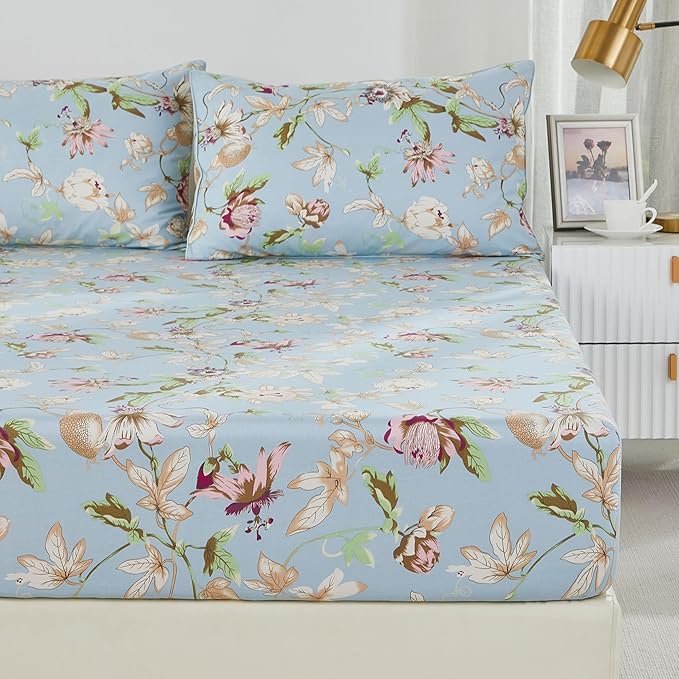 Brandream Floral Bedding Botanical Flower Farmhouse King Size Sheets Set Luxury Bedding Collections 800 Thread Count 100% Egyptian Cotton Deep Pocket, 4 Piece Blue